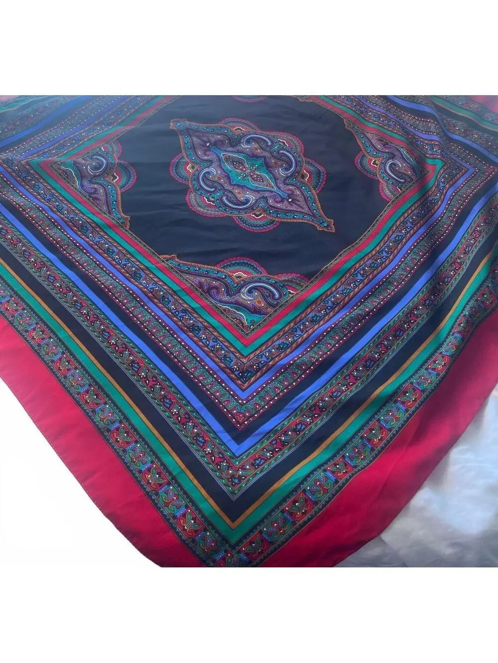 Vintage 1970s Italian 100% Polyester Square Scarf with Colorful Paisley Pattern